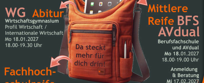 Info Abend an der KHS am 18.01.2027 Abitur (WG): 18:00 - 19:30 Uhr Mittelere Reife (BFS/AV dual): 18:00 - 19:00 Uhr Fachhochschulreife (BK): 19:45 - 20:45 Uhr